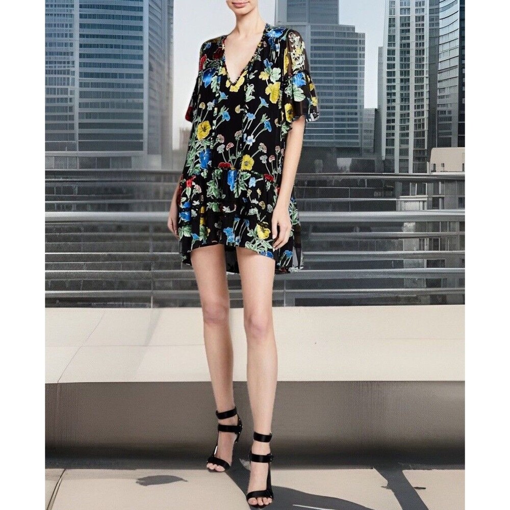 Alice + Olivia Pauline Black Floral Ruffle Tunic Silk Blend Mini Dress Sz Large